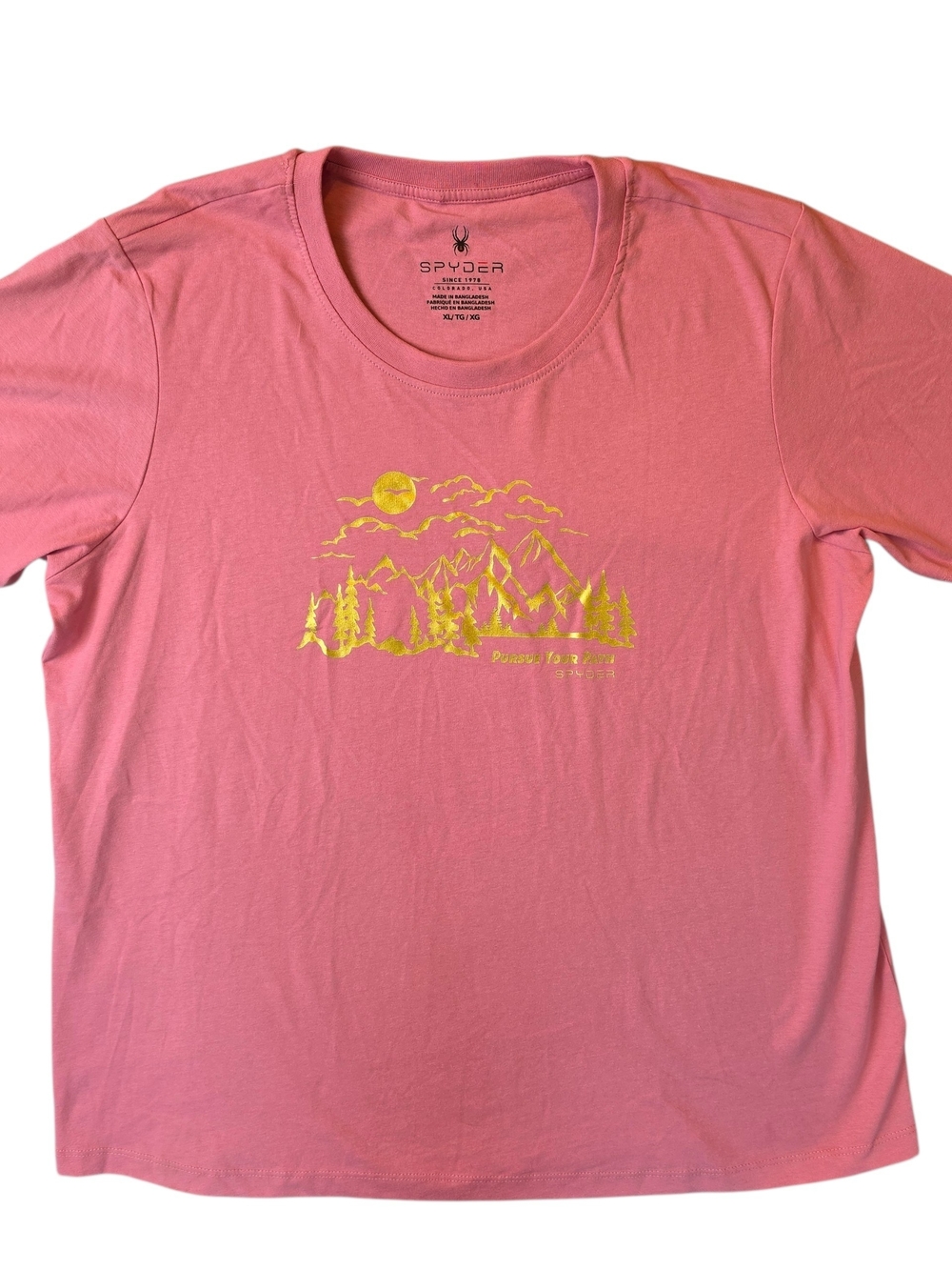 Spyder T-Shirt Womans XL Pink Graphic Tee with Gold Mountain Print Outdoor Sport